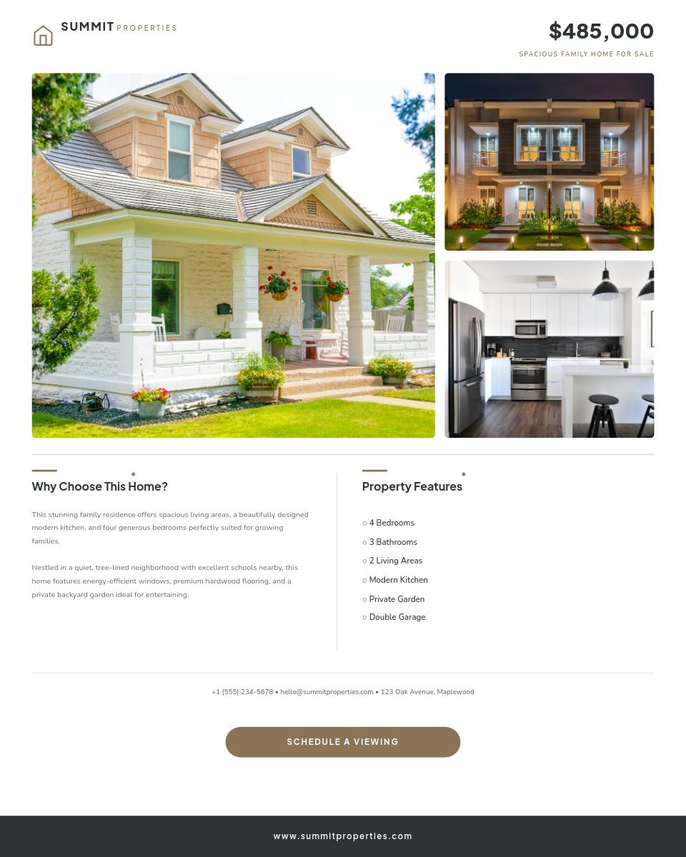 Clean Multi-Photo Property Flyer with Feature Checklist and Olive Accents