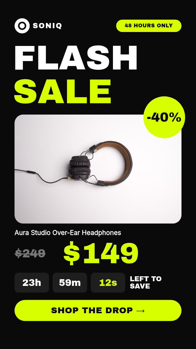 Animated Flash Sale Story 9:16 — Black, White & Acid Yellow
