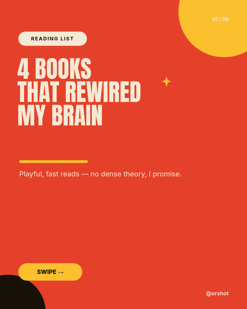Bold Red Reading-List Carousel — Anton Condensed Caps, Yellow Circle & Swipe System, 6 Slides