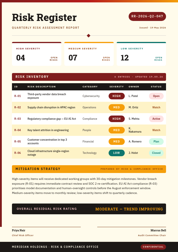 Maroon and Amber Editorial Q2 Risk Register A4 Document with Roboto Slab Serif Title, Three Severity Metric Cards, Color-Coded Risk Inventory Table and Dual Signature Approval