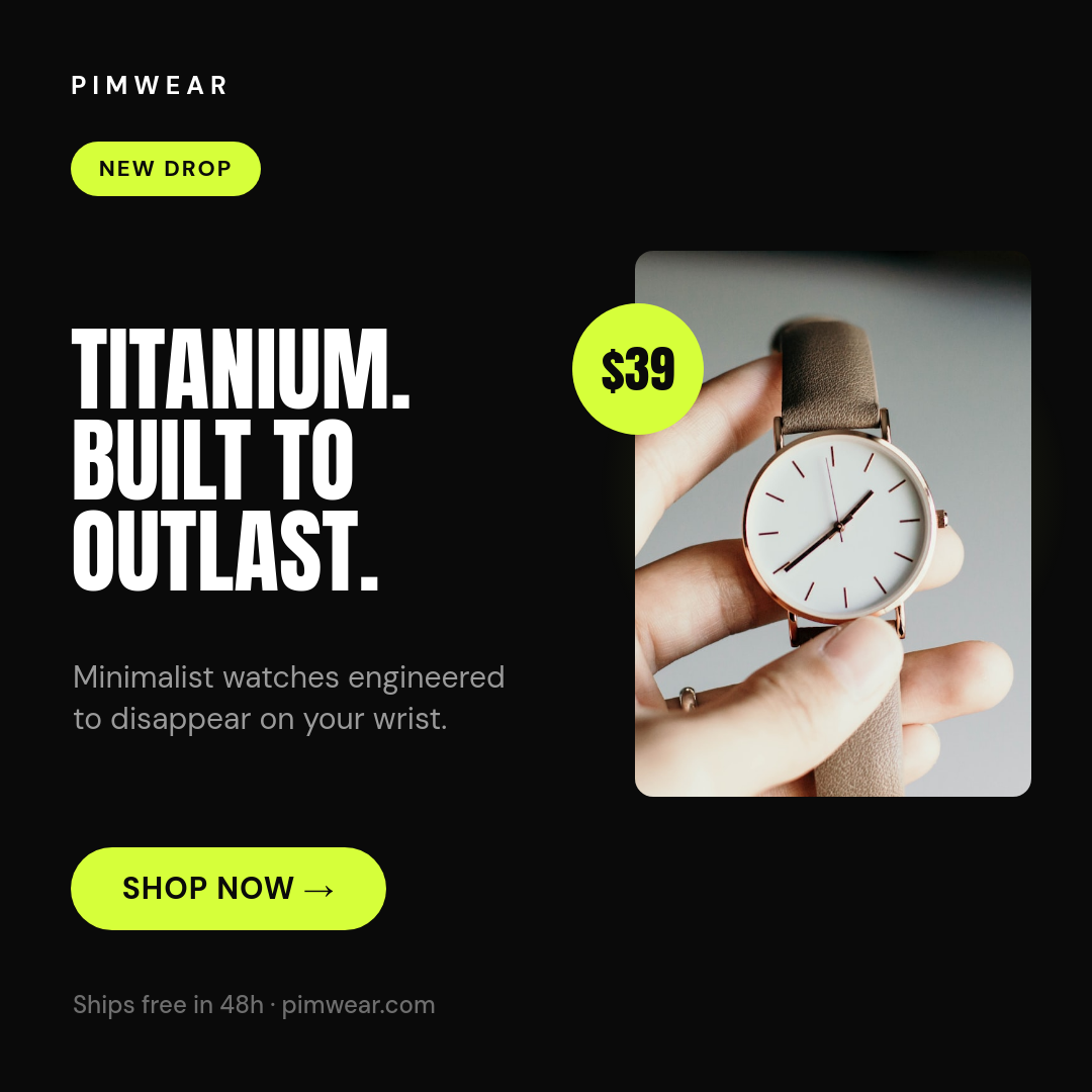 Dark Minimalist Titanium Watch Ad — Lime Accent with Price Badge