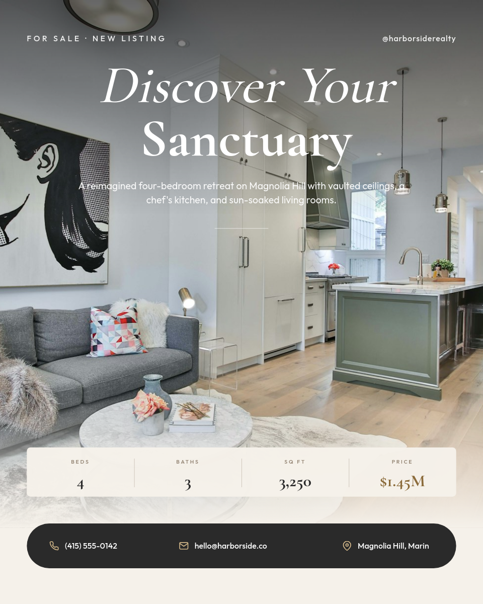 Warm White Editorial Discover Your Sanctuary Property Listing with Full-Bleed Interior Photo, Italic Serif Headline Overlay, Thin Divider Specs Row and Pill Contact Bar