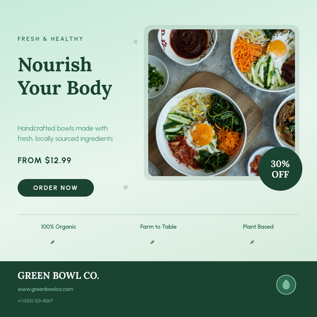 Fresh Mint Healthy Bowl Restaurant Promo with Food Photo Hero and Discount Badge
