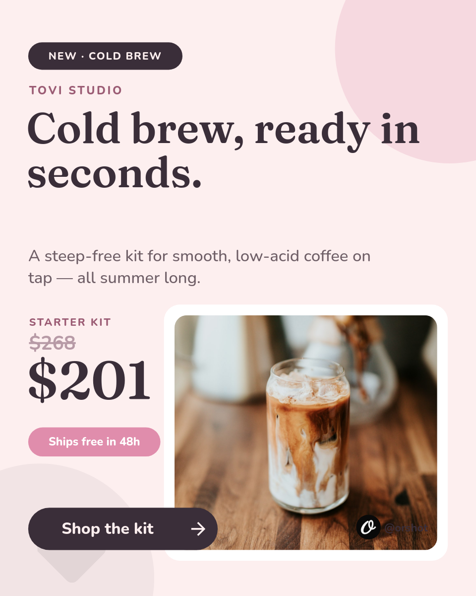 Blush Cold-Brew Product Promo — Fraunces Headline, Rounded Photo Card & Plum Price Stack