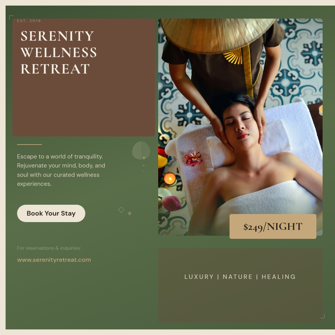 Earthy Olive Split-Layout Wellness Retreat Ad with Serif Headline and Price Badge