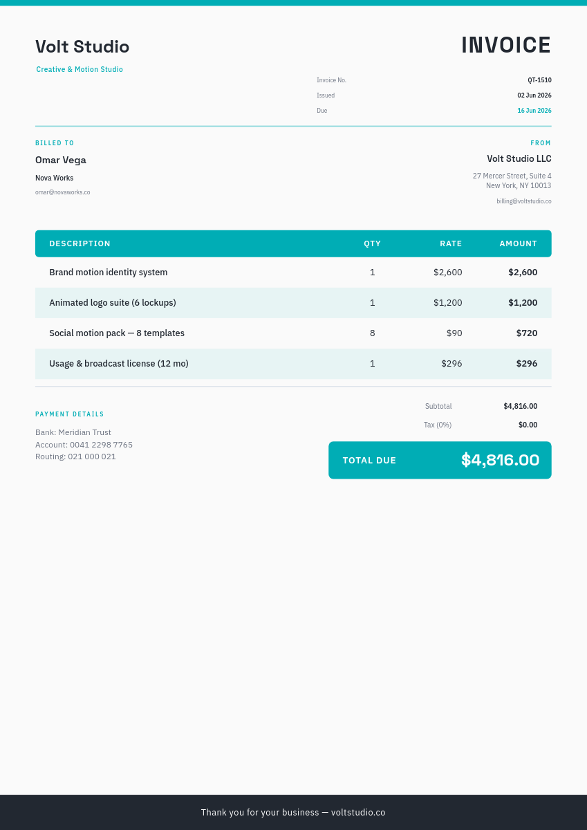 Minimal Slate Service Invoice — Teal Accent Clean Table