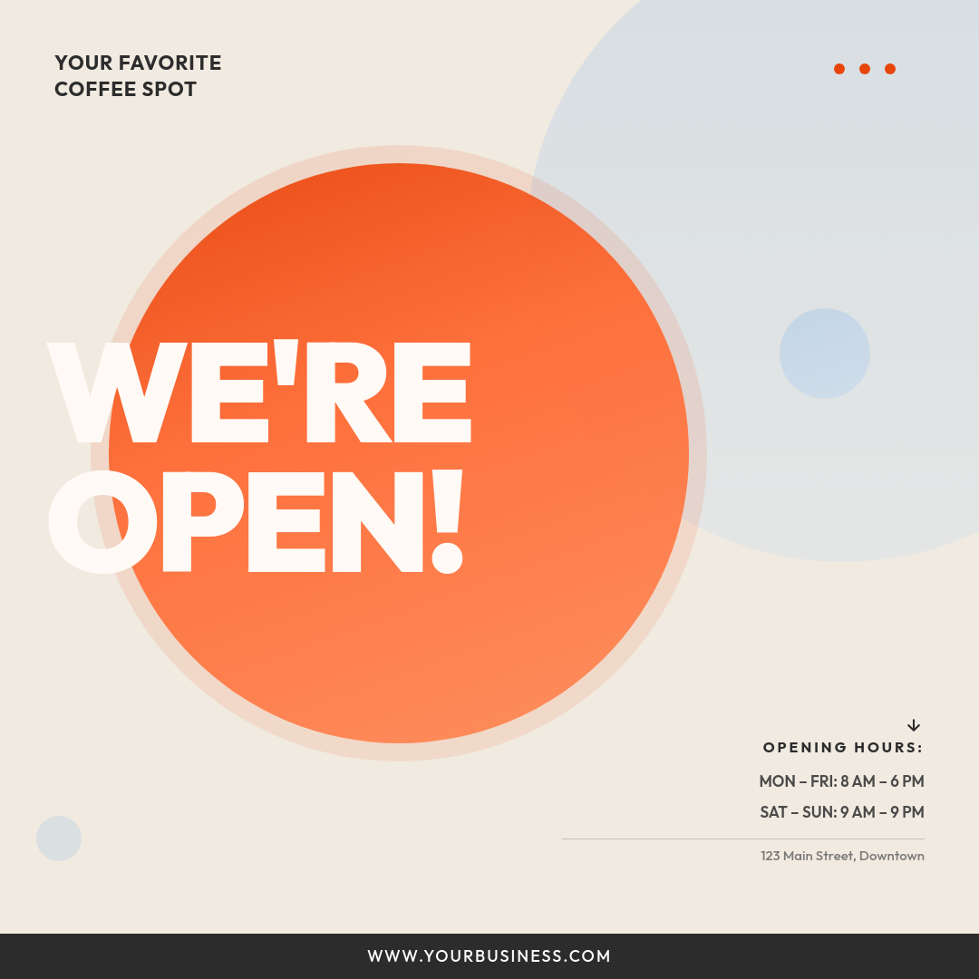 Bold Gradient Circle Now Open Announcement with Giant Condensed Typography