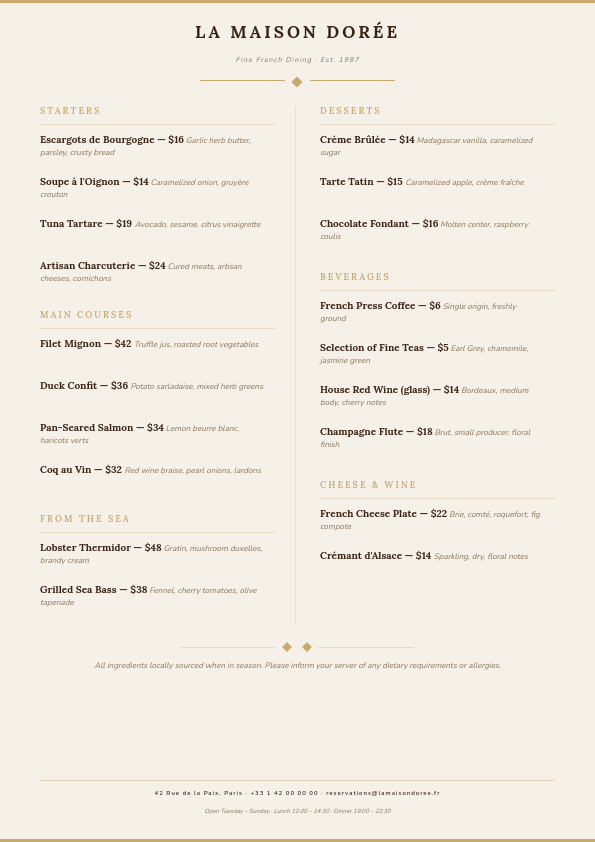 Elegant French Bistro Menu with Two-Column Layout and Gold Dividers