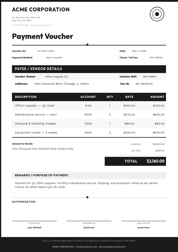 Professional Payment Voucher with Structured Details Table