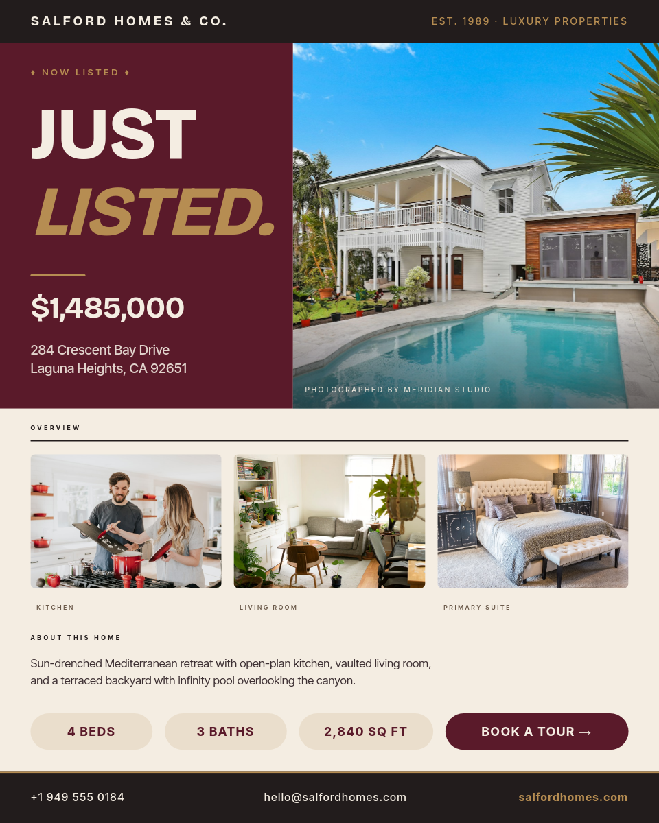Deep Burgundy and Cream Just Listed Editorial Real Estate Instagram 4:5 Post with Bricolage Grotesque Display Headline, Hero Exterior Photo, Three Interior Thumbnails, Brass Gold Spec Pills and Contact Footer Bar