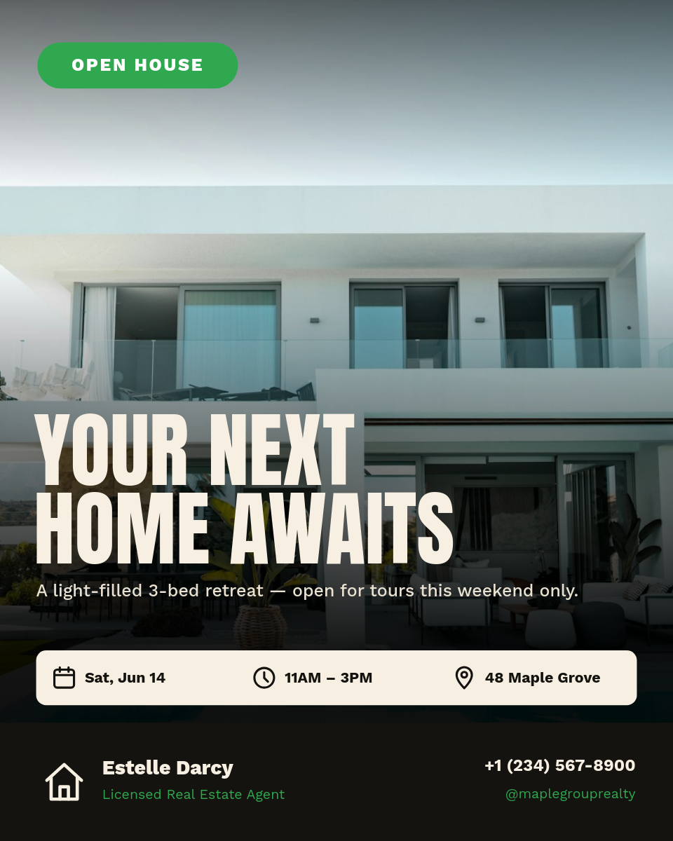 Bold Open House Real Estate Instagram Post with Green Tag