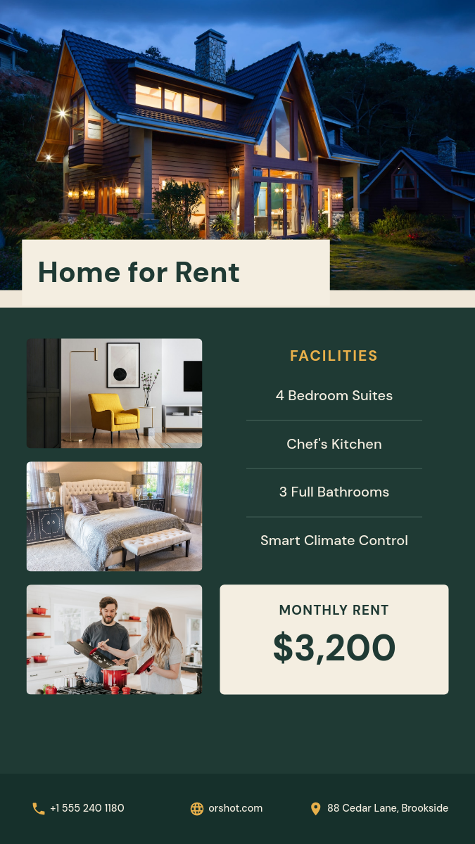 House for Rent Real Estate Story — Photo Hero, Facilities & Price