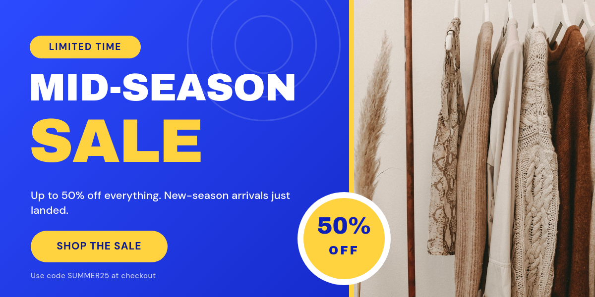 Bold Electric-Blue Mid-Season Sale Email Banner with Discount Badge