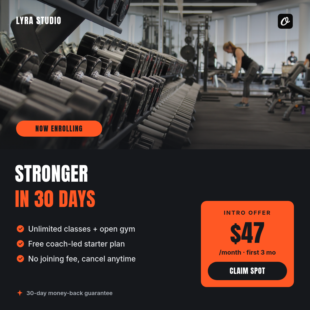 Bold Charcoal Gym Intro Ad — Anton Headline, Volt-Orange CTA Block & Benefit Checklist