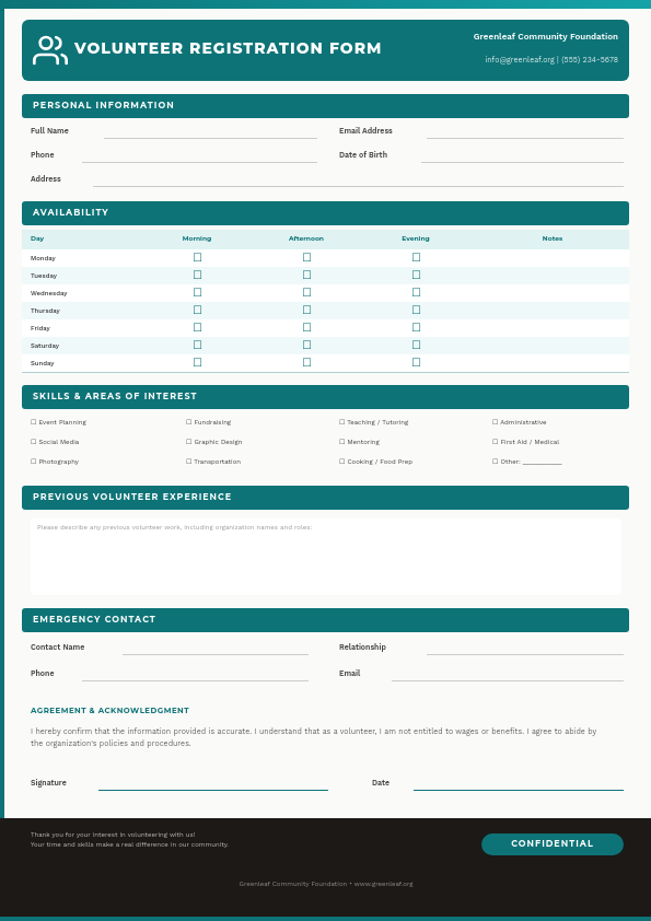 Professional Volunteer Registration Form with Teal Section Headers and Availability Grid