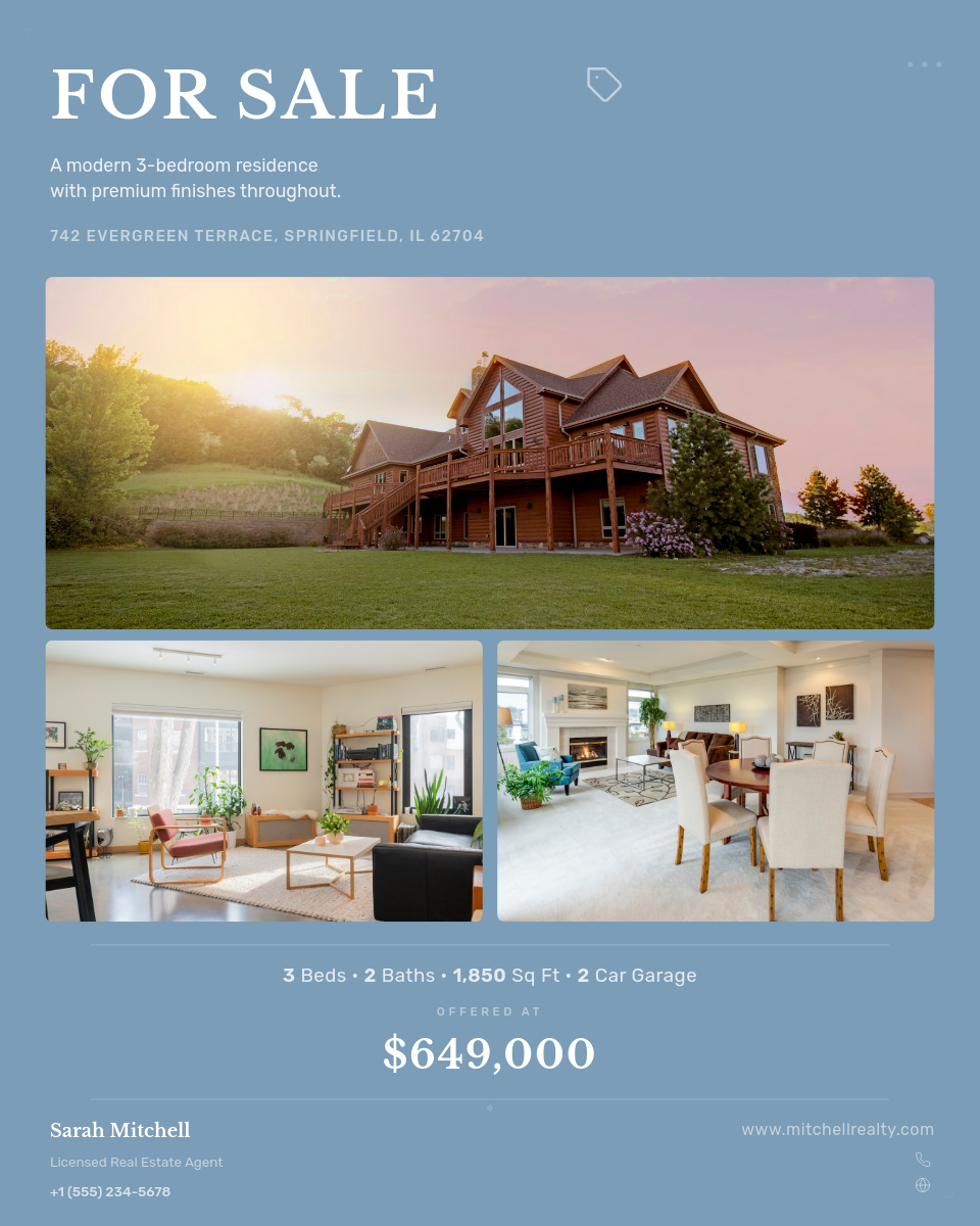 Dusty Blue Multi-Photo Property Listing with Serif Headline