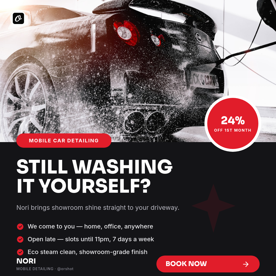 Bold Red & Black Mobile Car-Detailing IG Ad — Sora Caps, Wash Photo Hero, Sale Coin & Checklist