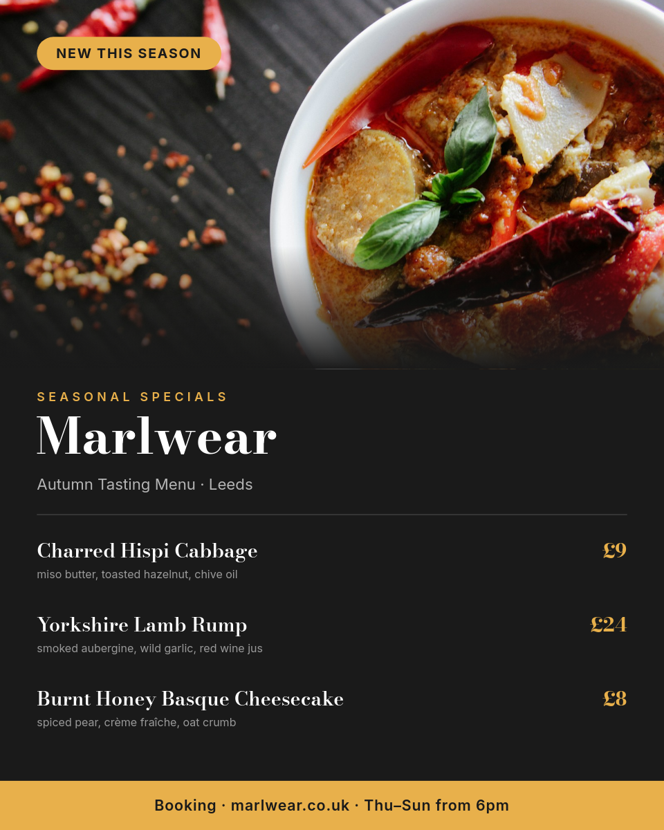 Seasonal Specials Menu Card — Dark Bistro Board with Gold Prices