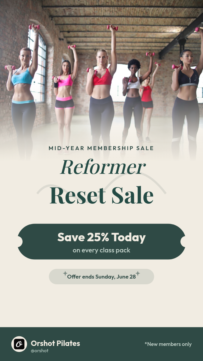 Pilates Membership Sale Story — Serif Promo over Studio Photo