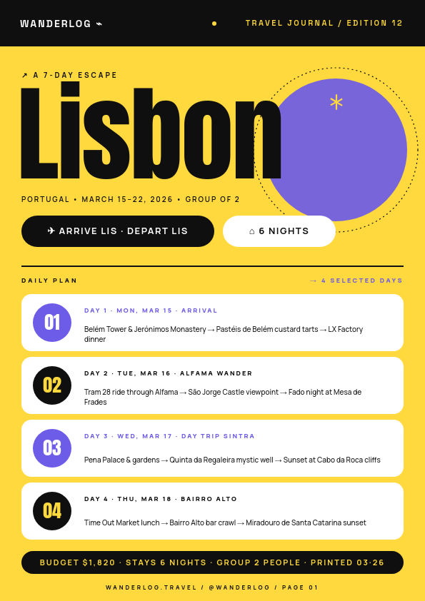 Bright Yellow Lisbon 7-Day Travel Itinerary Planner with Anton Display Hero, Plum Number Badges and Day-by-Day Activity Cards