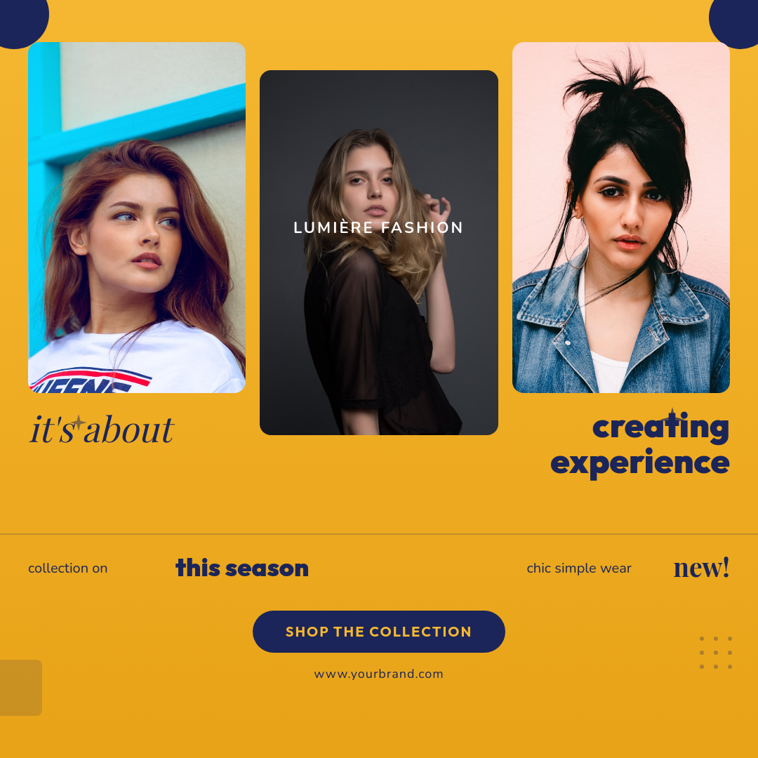 Bold Yellow Fashion Collection Drop with Multi-Photo Panels and Navy Typography