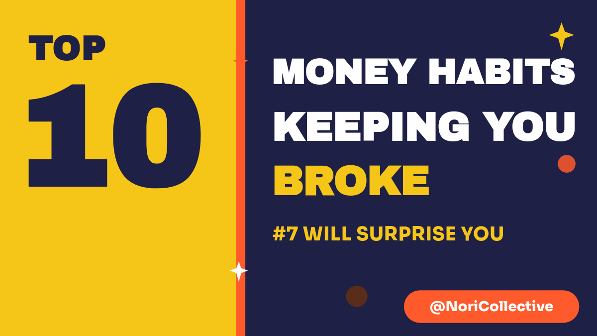 Top 10 Money Habits YouTube Thumbnail — Navy & Yellow Split, Giant Archivo Black Number & Orange Handle Pill