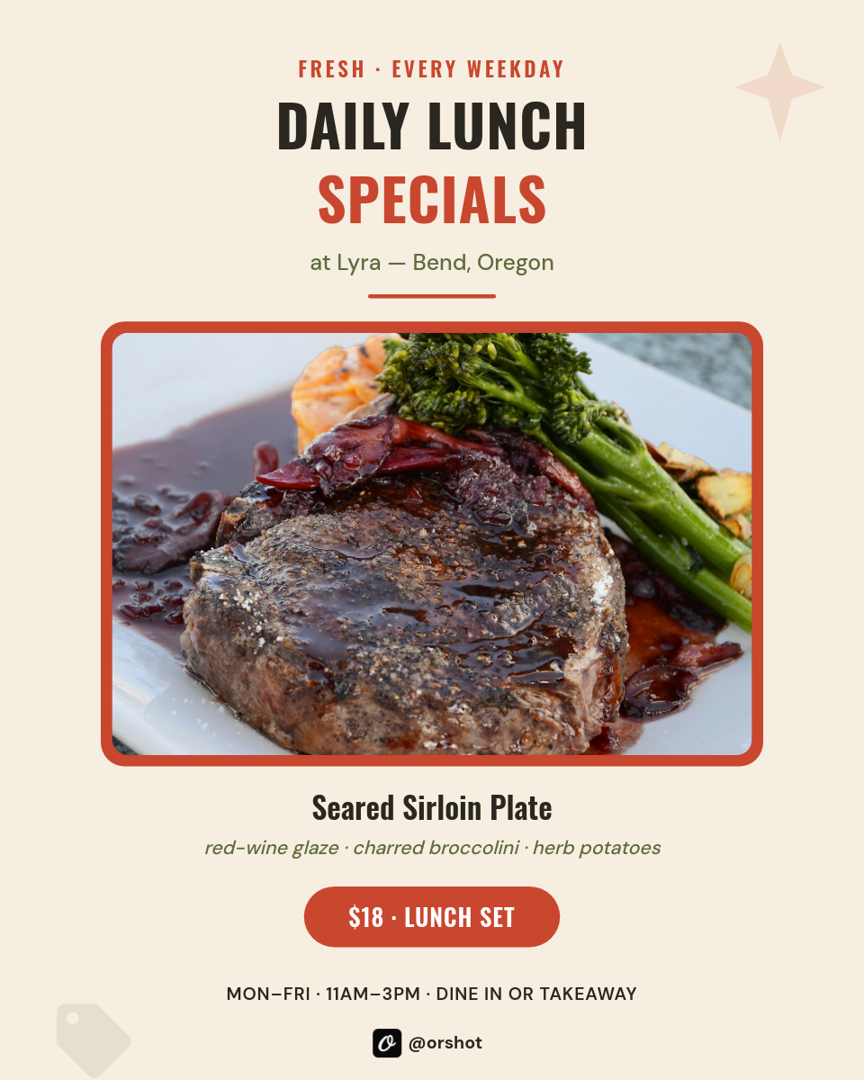 Warm Cream Cafe Lunch Specials IG Post — Condensed Oswald Caps, Framed Dish Photo & Tomato Price Pill