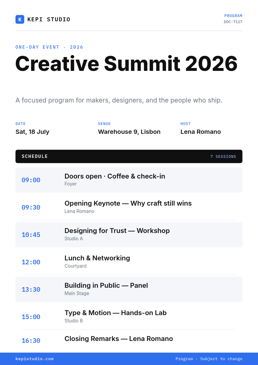 Mono Ledger Event Program — IBM Plex Mono Schedule with Blue Accents & Time Rows