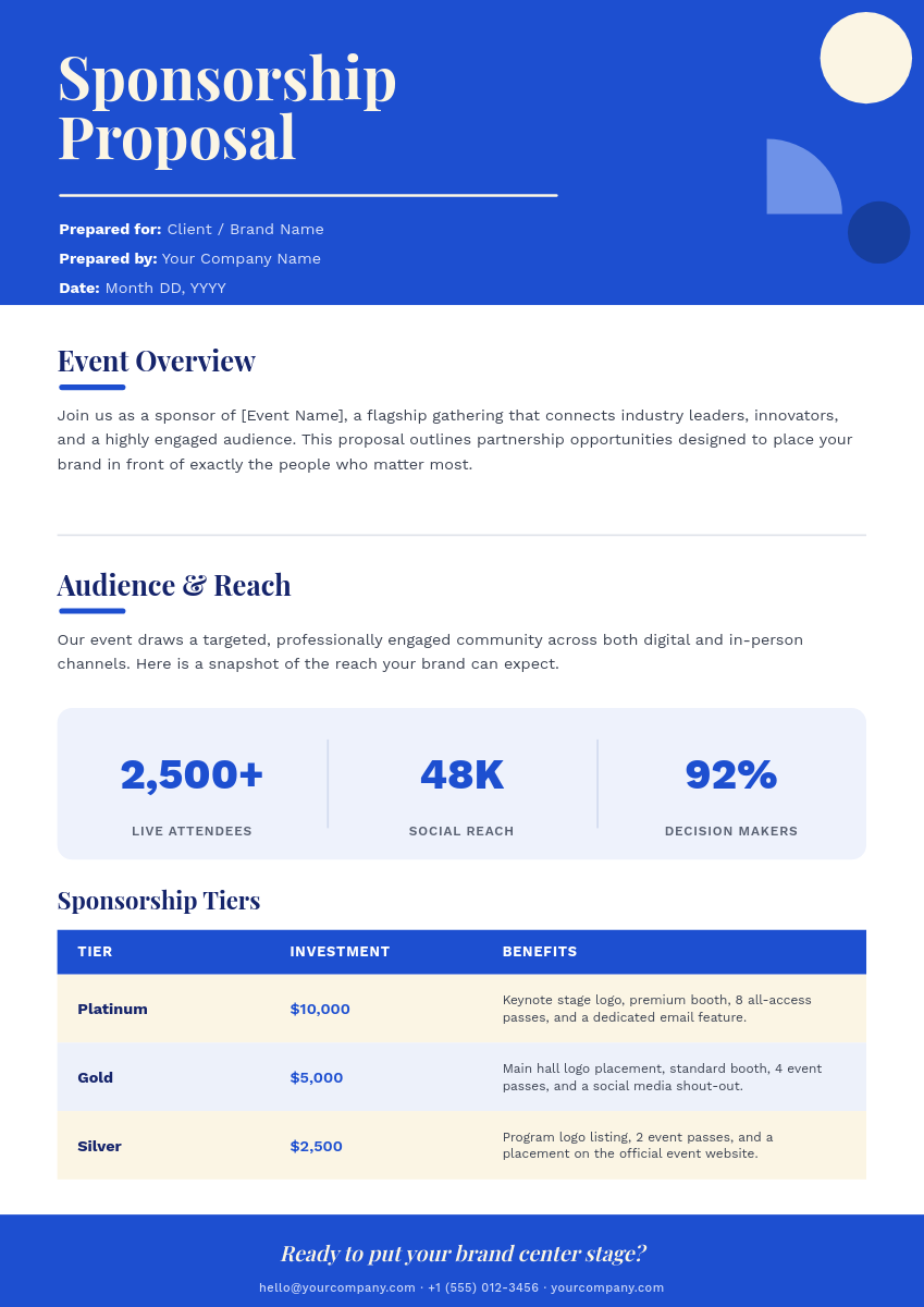 Royal Blue Sponsorship Proposal A4 Document with Tiers Table