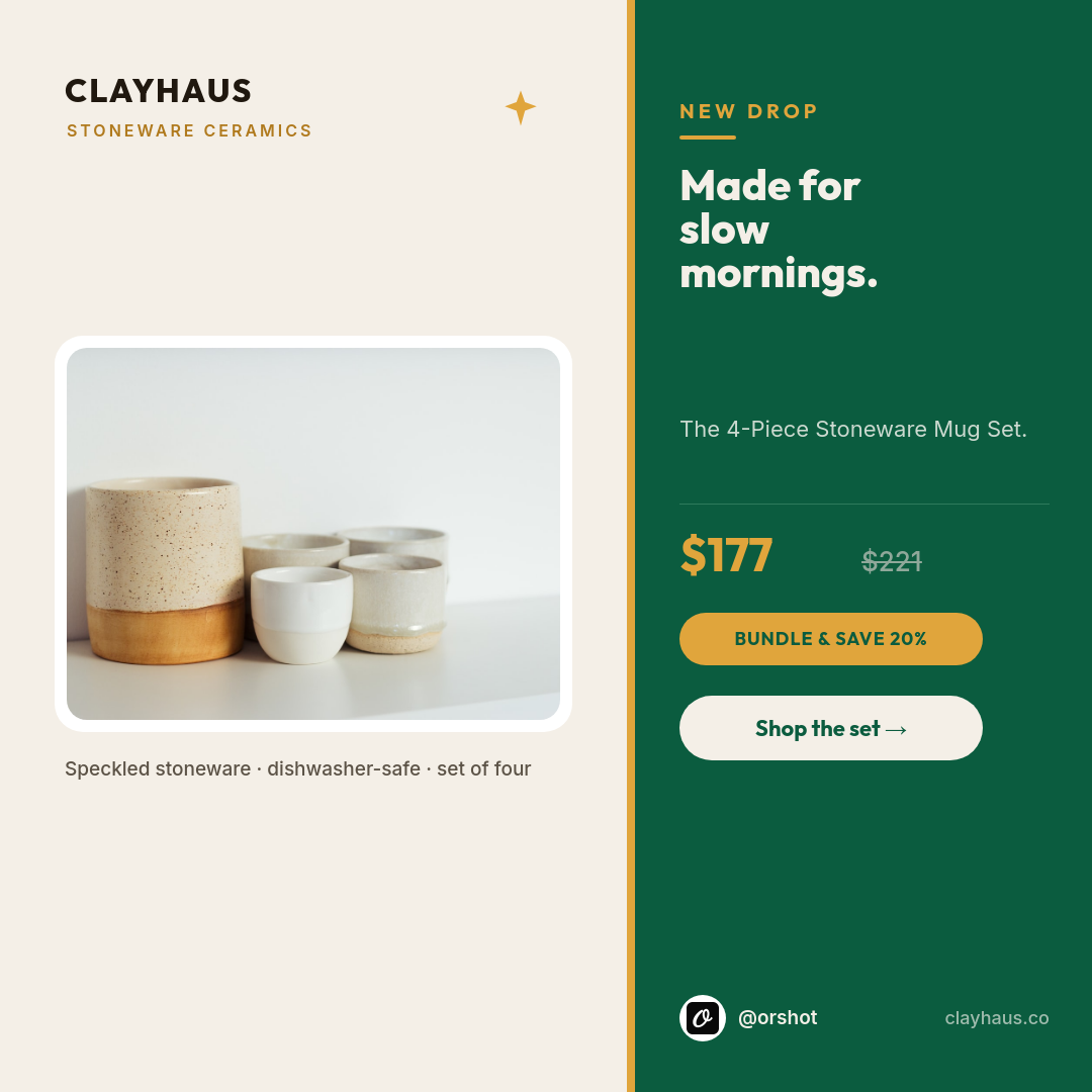 Emerald Stoneware Mug-Set Product Spotlight — Outfit Headline, Brass Price & Bundle Pill