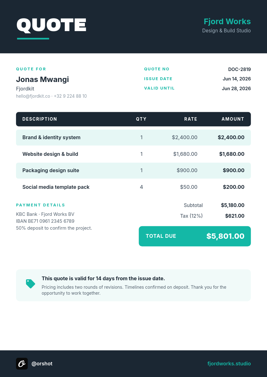 Slate & Teal Price Quote A4 — Archivo Wordmark, Line-Item Table & Grand-Total Box