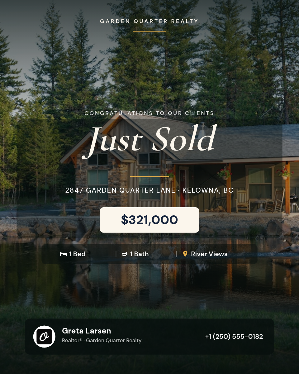 Dusk Riverside Just-Sold Real-Estate Card — Cormorant Script, Full-Bleed Cabin Photo, Spec Bar & Agent Footer
