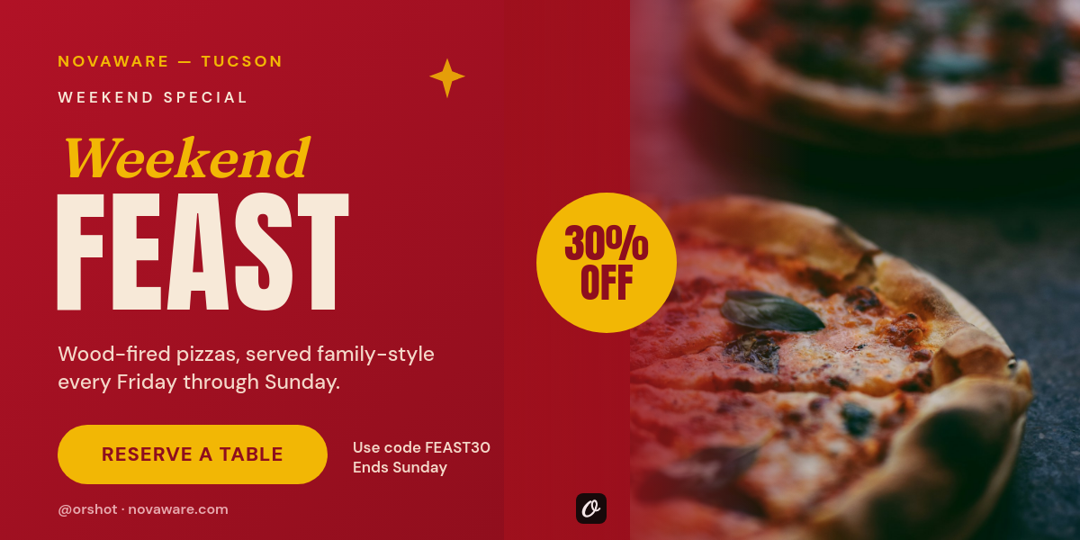 Bold Crimson Weekend Feast Restaurant Email Banner — Anton Caps, Script Accent & Wood-Fired Dish Photo