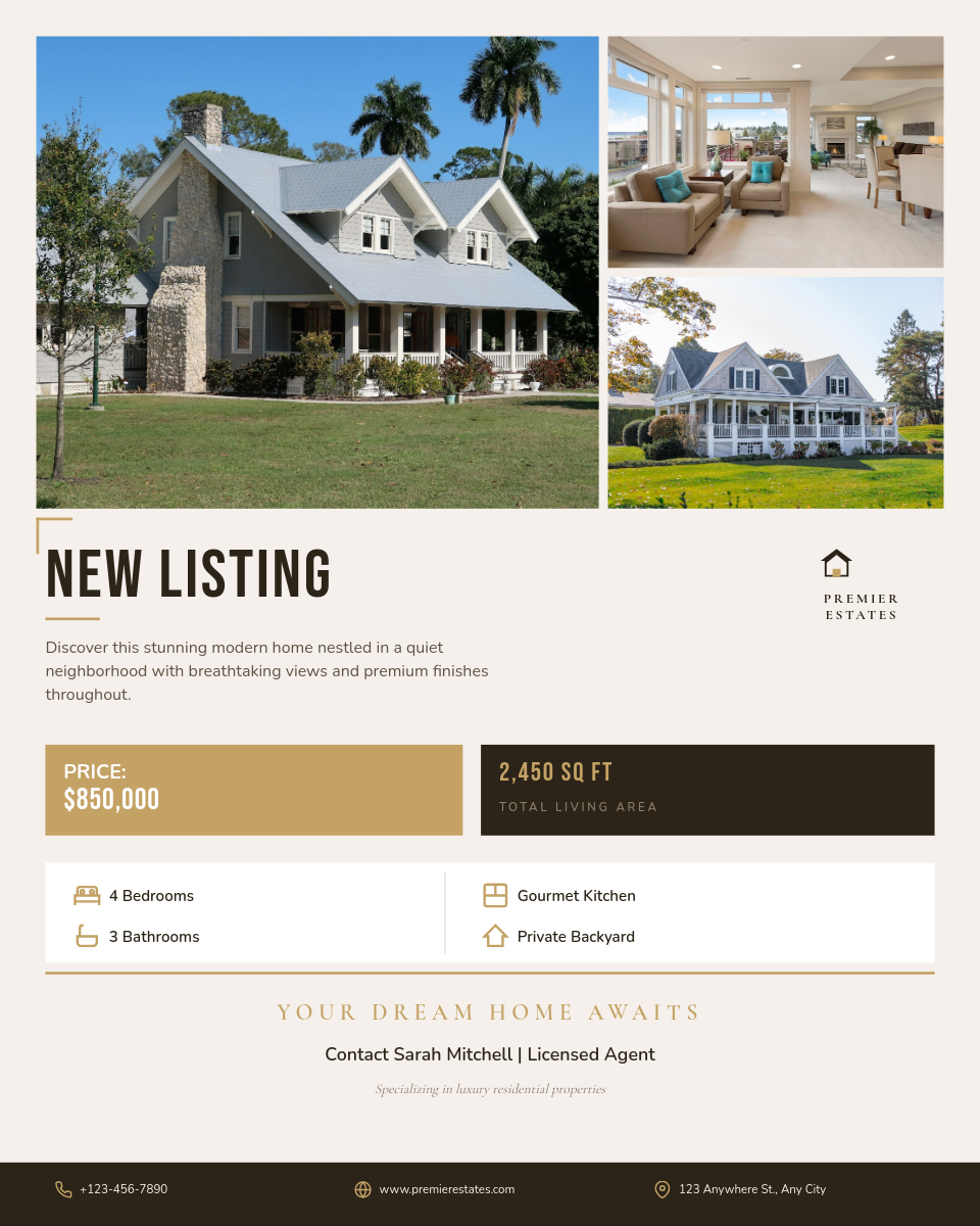 Warm Tan New Listing Property Post with Multi-Photo Layout and Gold Price Badge