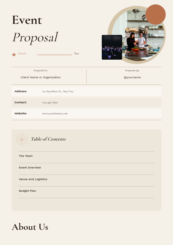 Warm Cream Event Proposal Cover with Script Headline and Structured Info Table