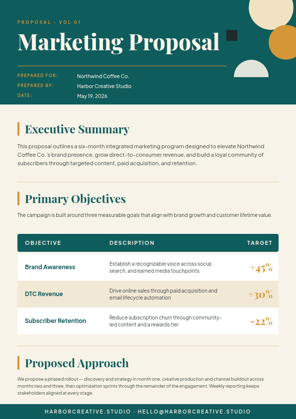 Teal and Ochre Marketing Campaign Business Proposal A4 with Geometric Bauhaus Header, Playfair Display Title and Color-Coded Objectives Table