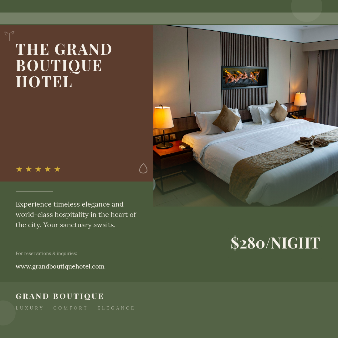 Olive Brown Luxury Hotel Ad with Color Block Split and Interior Photo