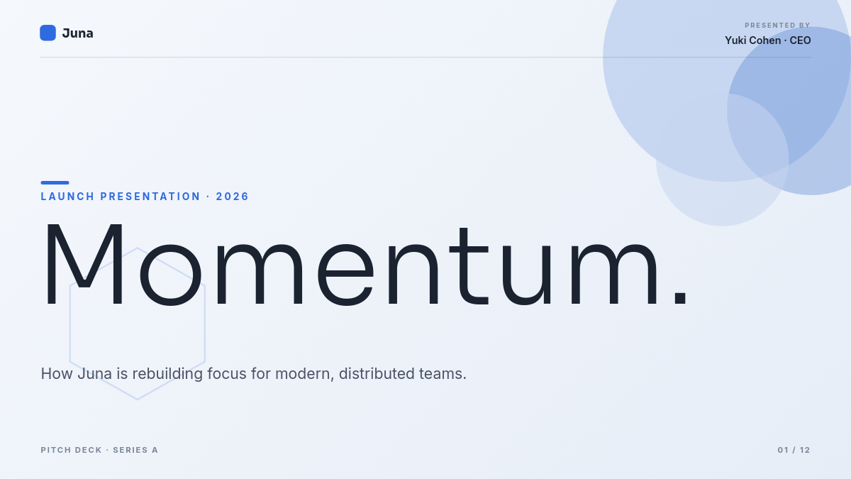 Soft-Blue Modern Pitch Deck Title Slide — Thin Giant Display Word, Gradient Orbs & Hexagon Line Mark