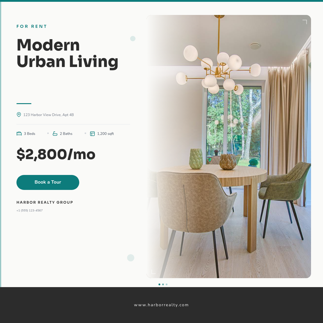 Clean Teal Split Layout Rental Property Listing with Interior Photo and Bold Headline