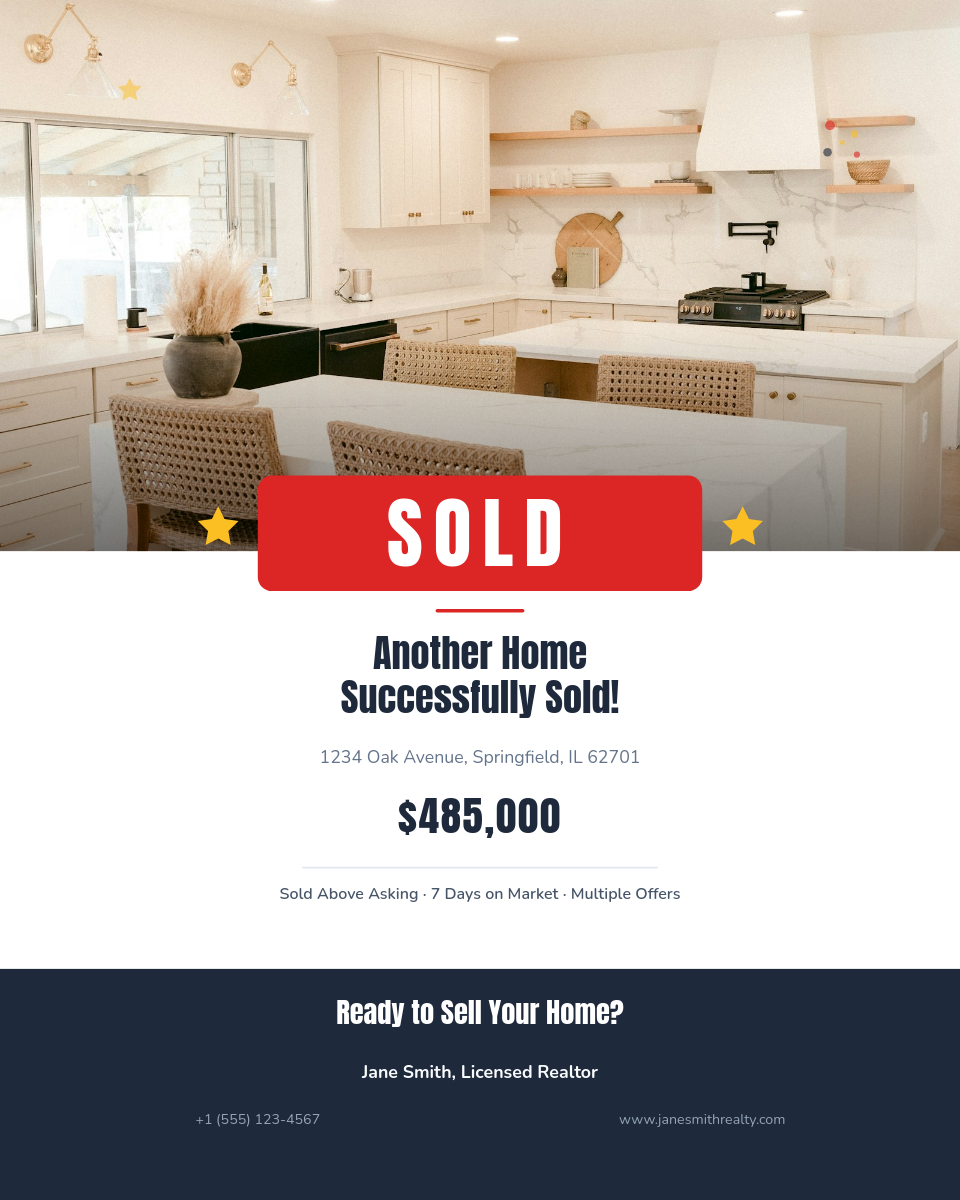 Bold Red SOLD Celebration with Property Photo and Gold Star Accents