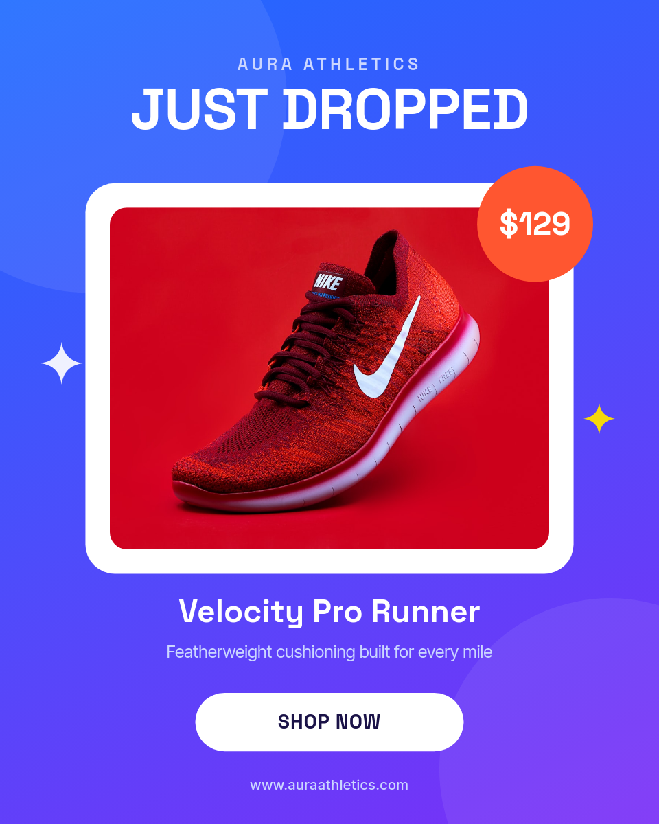 Vibrant Blue Sneaker Drop Product Card with Price Badge