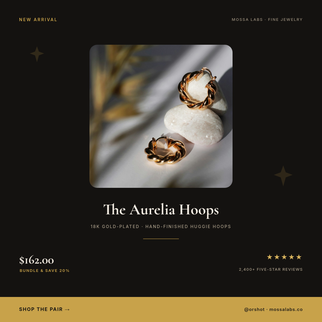 Dark Luxe Gold Hoops Product Card — Cormorant Serif, Photo Tile & Gold Social-Proof Bar
