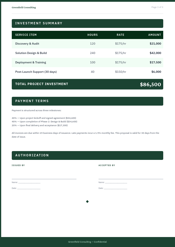Corporate Project Proposal with Forest Green Section Headers - Page 3
