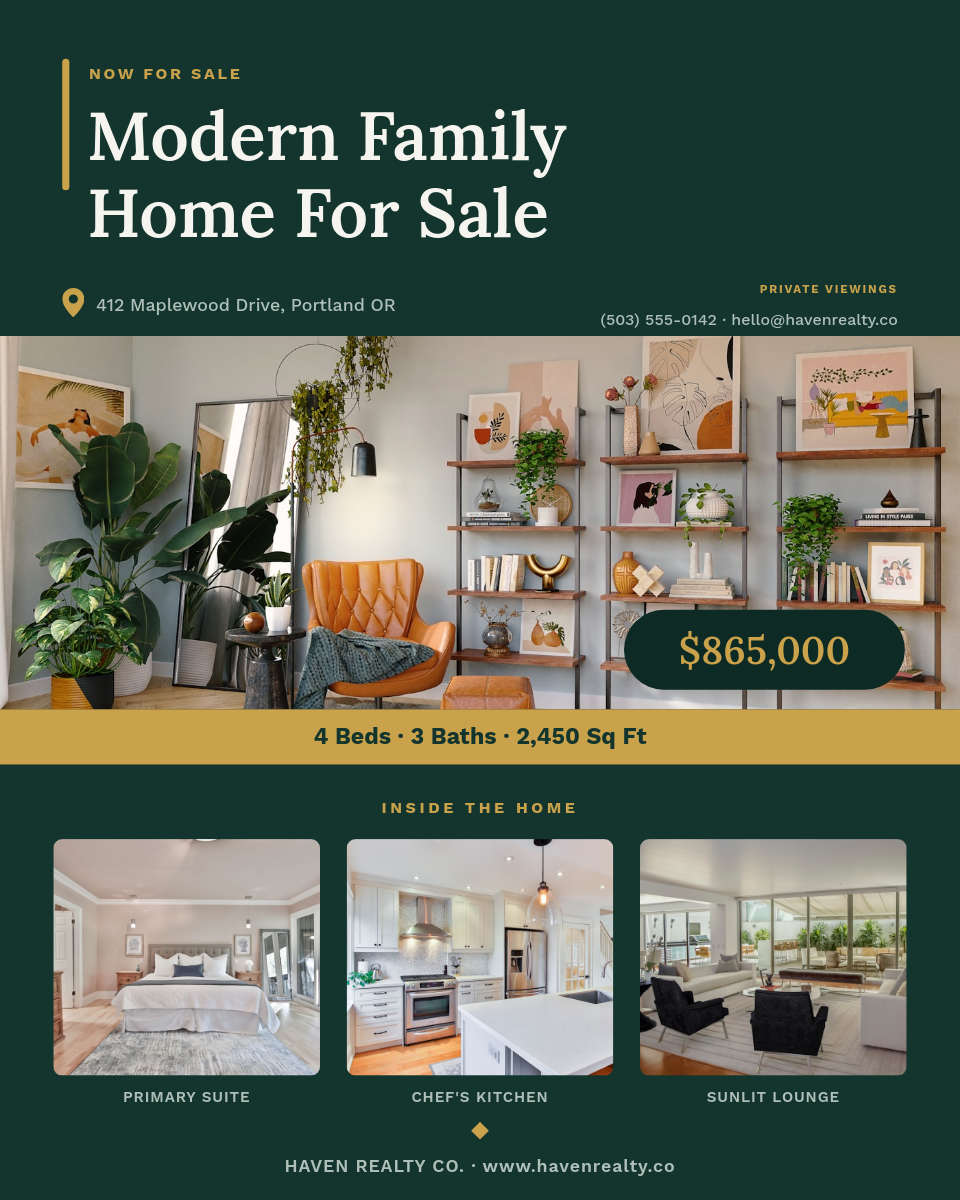 Elegant Emerald & Gold Family Home For Sale Listing Post