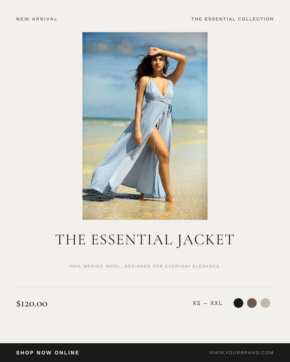 Minimal Off-White Fashion Product Showcase with Serif Headline and Color Swatch Row