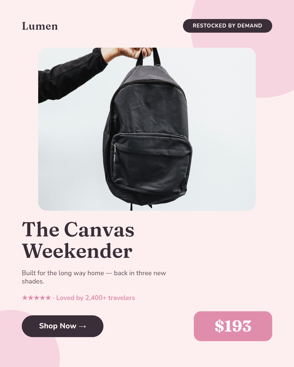 Soft Pastel Product Card — Canvas Weekender with Social Proof Badge