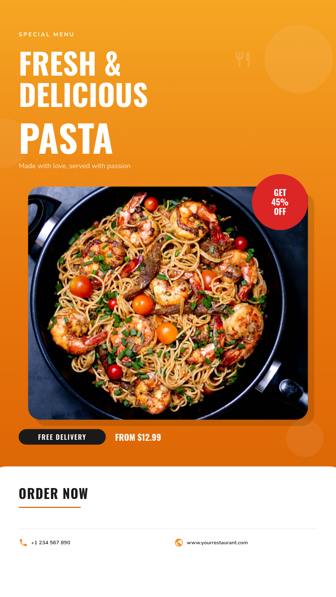 Vibrant Orange Restaurant Pasta Promo Story with Giant Headline and Discount Badge