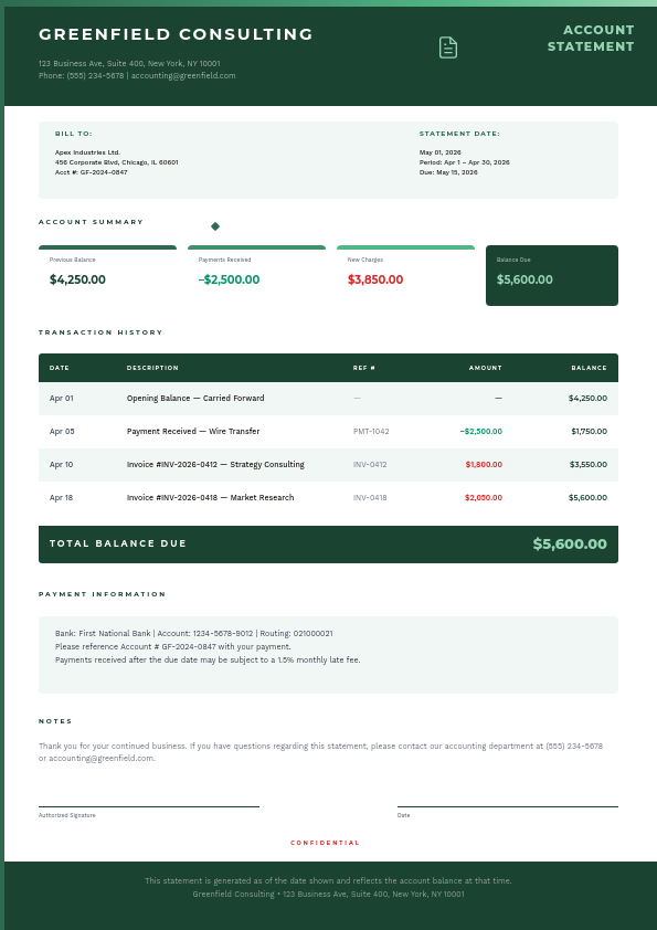 Professional Monthly Account Statement with Transaction History and Balance Summary
