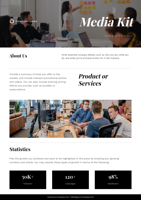 Bold Black and White Media Kit with Photo Header and Structured Sections