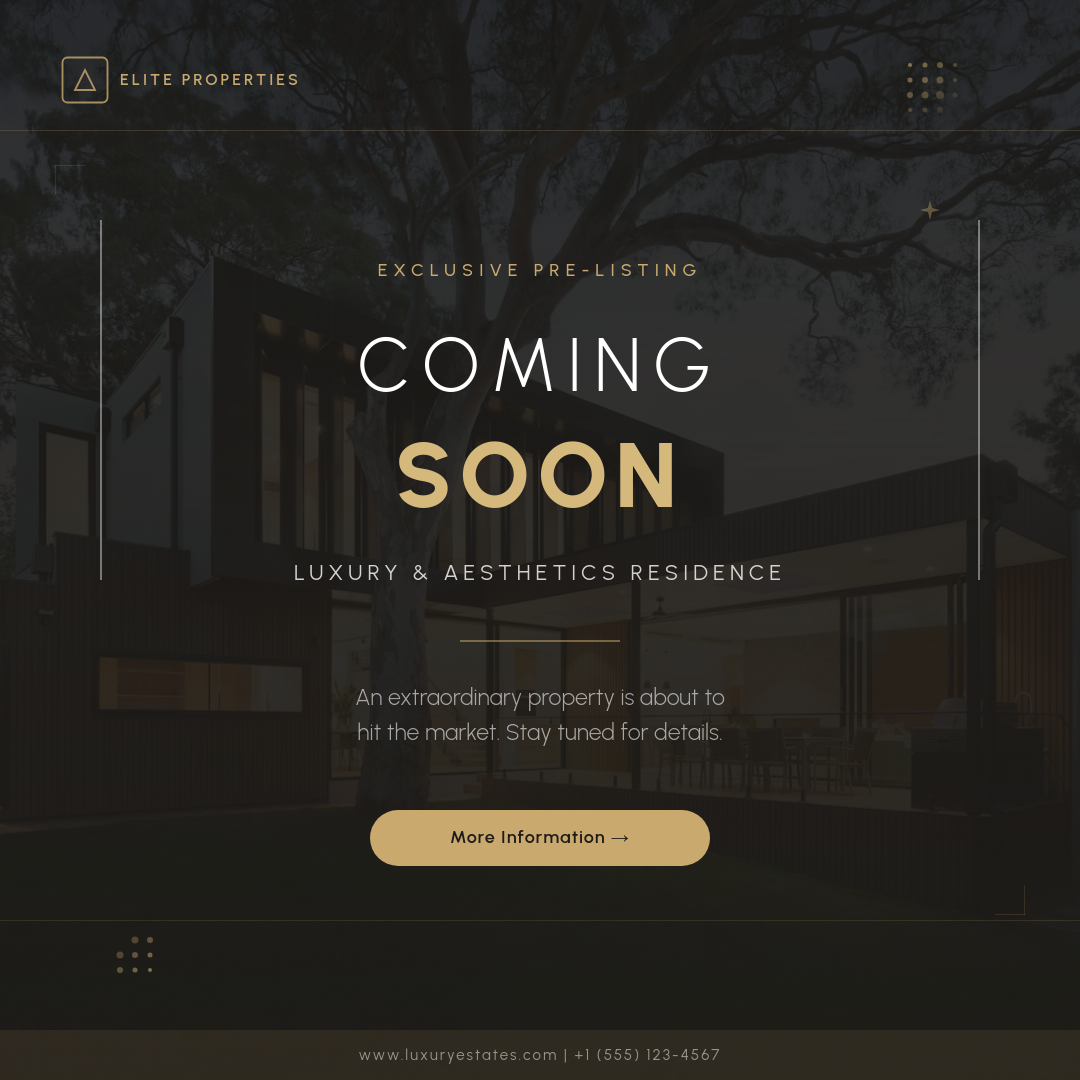 Warm Gold Coming Soon Luxury Property Teaser with Blurred Interior and Vertical Line Accents
